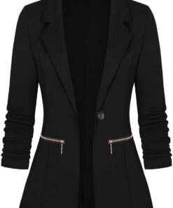 Genhoo Women's Long Sleeve Blazer Open Front Cardigan Jacket Work Office Blazer with Zipper Pockets S-3XL