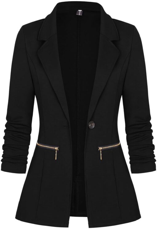 Genhoo Women's Long Sleeve Blazer Open Front Cardigan Jacket Work Office Blazer with Zipper Pockets S-3XL