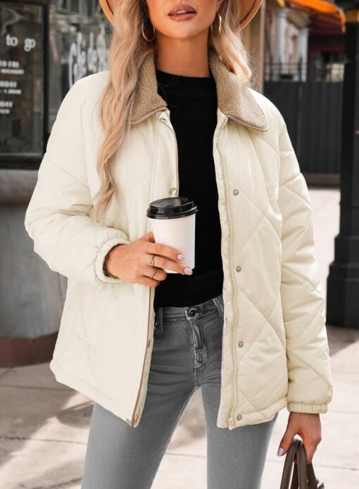 Dokotoo Women's Winter Casual Quilted Jackets Long Sleeve Button Down Puffer Jacket Padded Outerwear Coats - Image 3