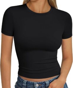 Trendy Queen Womens Basic T Shirts Summer Tops 2025 Short Sleeve Crop Tops Slim Fit Gym Workout Y2k Clothes