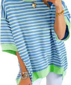 SHEWIN Womens Tops Casual Short Sleeve Sweatshirt Striped Shirt Crewneck Pullover T Shirts Loose Blouses