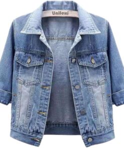 Unilexi Women's 3/4 Sleeve Colored Cropped Denim Jacket Light Wash Short Jean Jacket Trucker Coat