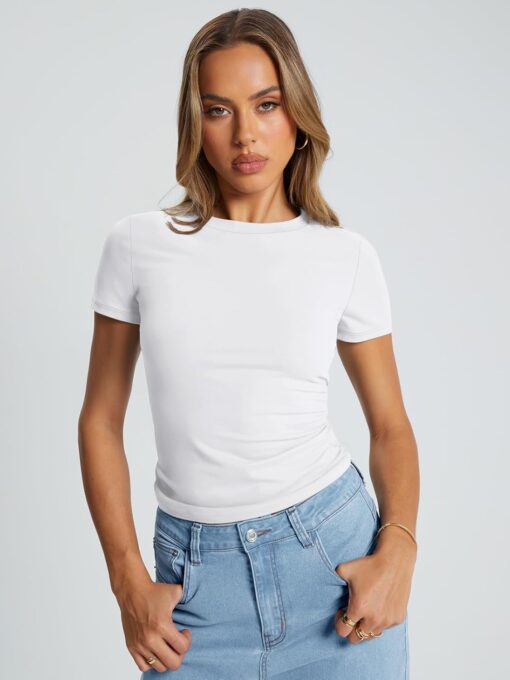 Trendy Queen Womens Basic T Shirts Summer Tops 2025 Crop Short Sleeve Slim Fit Tee Cute Gym Workout Clothes - Image 2