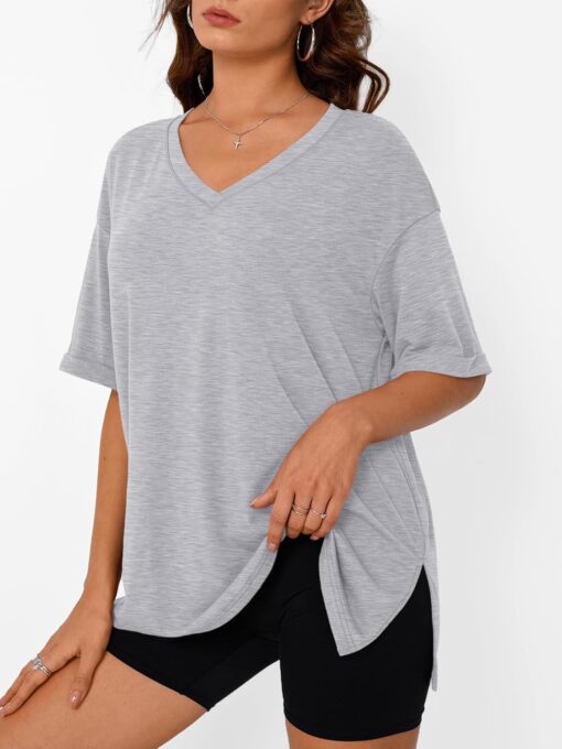 Trendy Queen Oversized Tshirts for Women Workout Plus Size Tops V Neck Short Sleeve Gym Shirts Casual Loose Fit Basic Tees - Image 3