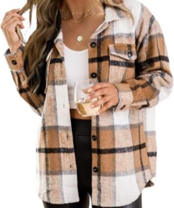 Trendy Queen Womens Flannel Shacket Casual Jacket Plaid Button Down Long Sleeve Shirt Fall Winter Outfits