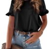 PRETTYGARDEN Women's Short Sleeve Casual T Shirts Summer Ruffle Plain Round Neck Loose Fit Tee Blouse Tops