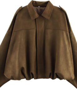 Xunger Women's Faux Suede Bomber Jacket Spring Lapel Pilot Coat Casual Oversized Long Sleeves Trendy Streetwear Outerwear