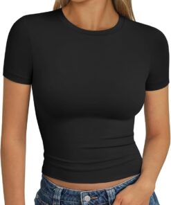 AUTOMET Womens Short Sleeve T Shirts Basic Summer 2025 Workout Tops Crew Neck Gym Crop Tops Trendy Y2K Clothes