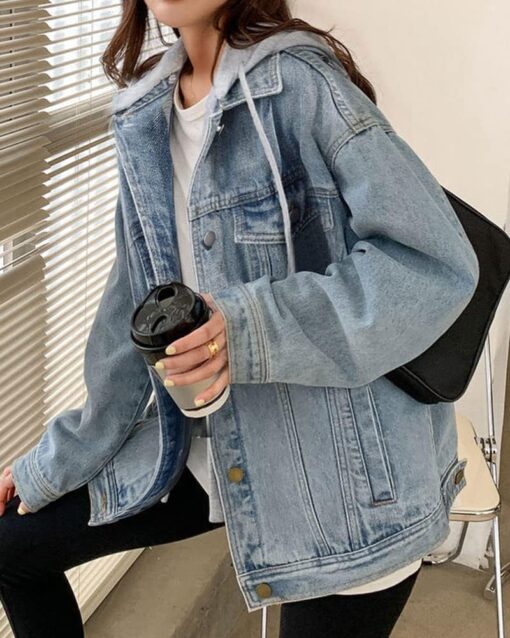 LifeShe Women's denim jacket with hood oversized distressed jean jackets hoodie - Image 2