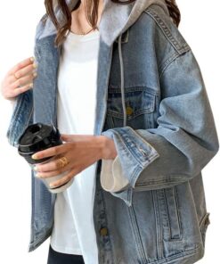 LifeShe Women's denim jacket with hood oversized distressed jean jackets hoodie
