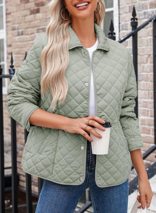 Dokotoo Women's Winter Quilted Jackets Long Sleeve Button Down Diamond Puffer Jacket Outerwear Coats with Pockets - Image 4