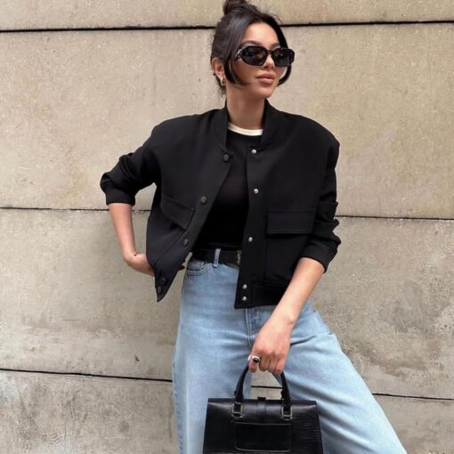 Zando Womens Bomber Jacket Button Down Short Cropped Jackets Long Sleeve Baseball Varsity Jacket Casual Jackets with Pockets - Image 4