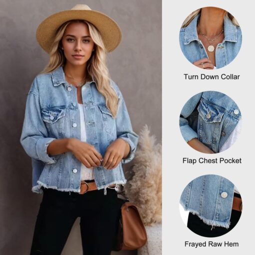 LONGBIDA Women's Jean Jacket Frayed Washed Button Up Cropped Denim Jacket With Pockets - Image 4