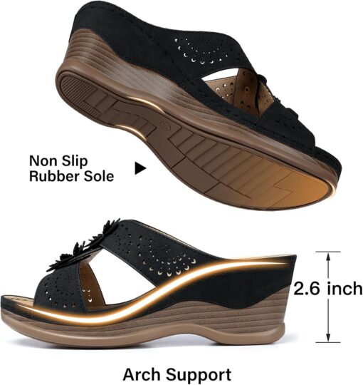 TEMOFON Womens Wedge Sandals Leather: Dressy Sandal, Rubber Sole, Comfortable Walking, Casual Slip on Summer Shoes, Size 5-11 - Image 5