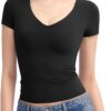 PUMIEY Women's V Neck Short Sleeve T Shirts Slim Fit Going Out Tops Sexy Basic Tee Sharp Collection