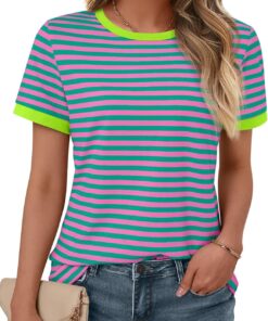 AUTOMET T Shirts for Women Striped Crewneck Casual Basic Summer Tops Short Sleeve Color Block Loose Tee Shirts