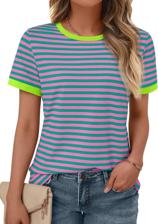 AUTOMET T Shirts for Women Striped Crewneck Casual Basic Summer Tops Short Sleeve Color Block Loose Tee Shirts