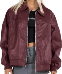 Tankaneo Womens Faux Leather Jackets Oversized Bomber Casual Fall Fashion Zip Up Moto Biker Coats