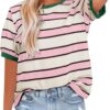Dokotoo Womens Summer Tops 2025 Striped Color Block Short Sleeve T-Shirts Crewneck Casual Loose Basic Tee Blouses