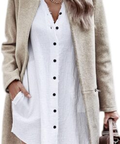 Angashion Women’s Coat, Long Sleeve Stand Collar Cardigan Mid-Long Open Front Outwear Overcoat with Zipper Pockets