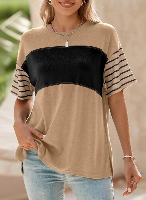 Dokotoo Summer Tops Trendy Oversized 2025 Crewneck Casual Color Block Striped Womens Shirts Blouses - Image 4