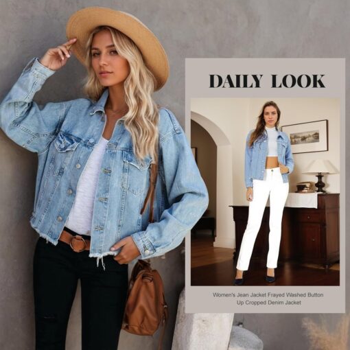 LONGBIDA Women's Jean Jacket Frayed Washed Button Up Cropped Denim Jacket With Pockets - Image 5