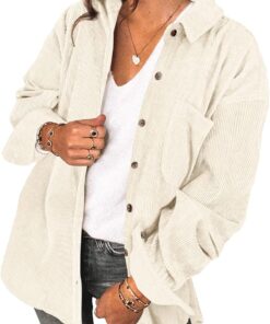Saslax Womens Corduroy Shirt Long Sleeve Oversized Button Up V Neck Blouses Tops Loose Shacket Jacket