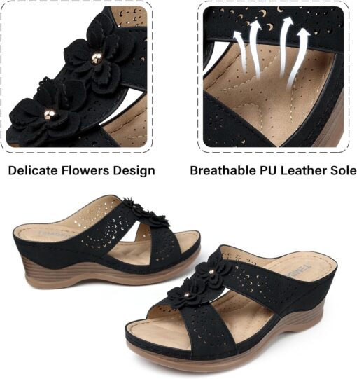 TEMOFON Womens Wedge Sandals Leather: Dressy Sandal, Rubber Sole, Comfortable Walking, Casual Slip on Summer Shoes, Size 5-11 - Image 4