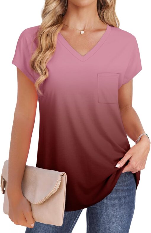 SAMPEEL Womens T Shirts V Neck Cap Short Sleeve Summer Tops Trendy 2025 Loose Casual Tshirts with Pocket - Image 3
