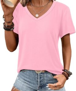 ATHMILE Womens V Neck Short Sleeve Summer T Shirts Curved Hem Plain Top Beach