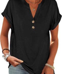 ANRABESS Womens Short Sleeve Henley Tops V Neck Dressy Casual Loose Fit Shirts Summer Flowy Blouses 2025 Trendy Clothes