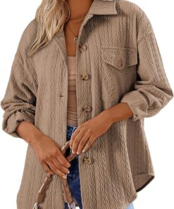 Dokotoo Womens Cable Knit Lightweight Shacket Button Down Shirts Long Sleeve Casual Oversized Blouses Tops