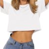 Womens Summer Crop Tops Short Sleeve Round Neck T-Shirts Loose Fit Casual Blouse