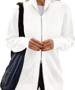 Women's Turtleneck Zip Up Cardigan Sweaters Oversized Drop Shoulder Long Sleeve Casual Solid Mesh Knit Jumper Tops