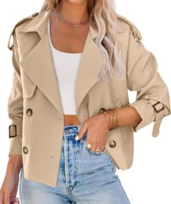 Saodimallsu Women Crop Double Breasted Trench Coat Raglan Sleeve Work Office Cropped Jacket With Pockets