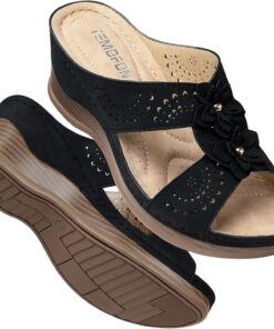 TEMOFON Womens Wedge Sandals Leather: Dressy Sandal, Rubber Sole, Comfortable Walking, Casual Slip on Summer Shoes, Size 5-11