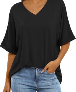 ANRABESS Women's Oversized T Shirts Short Sleeve V Neck Summer Tops Casual Loose Basic Plain Tee Shirts 2025 Clothes Outfits