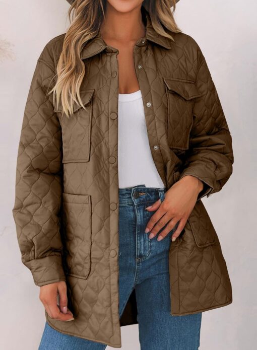 EVALESS Quilted Jackets for Women Lightweight Long Sleeve Button Down Puffer Jacket Warm Winter Coat Outerwear with Pockets - Image 2