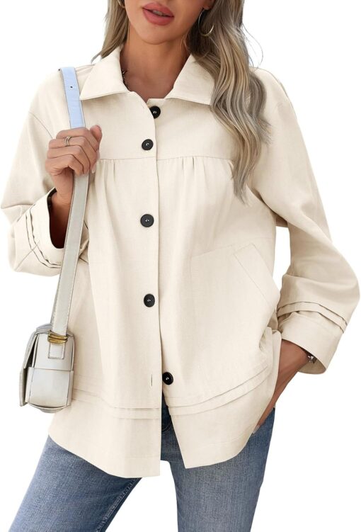 Cicy Bell Womens Oversized Casual Jackets Lightweight Pleated Babydoll Shackets Cotton Button Down Coats