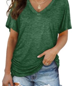 WIHOLL Womens Short Sleeve V Neck Dolman Tops with Side Shirring Loose Fit Shirts