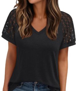 AUTOMET Womens Summer Short Sleeve T Shirt 2025 V Neck Tops Spring Vacation Lace Blouses Dressy Casual Fashion Clothes