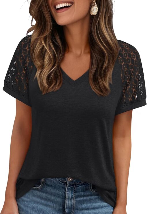 AUTOMET Womens Summer Short Sleeve T Shirt 2025 V Neck Tops Spring Vacation Lace Blouses Dressy Casual Fashion Clothes