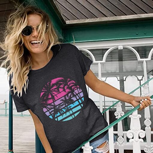 Hawaiian Shirts for Women Palm Trees Beach Graphic Tee Tops Summer Vacation Short Sleeve Tshirt Tops - Image 3