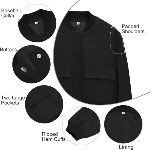 Zando Womens Bomber Jacket Button Down Short Cropped Jackets Long Sleeve Baseball Varsity Jacket Casual Jackets with Pockets - Image 2