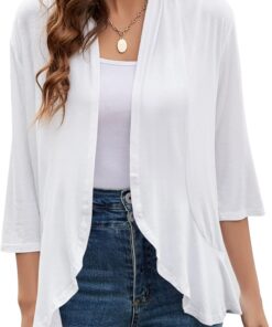 Yekaty Women Cardigan 3/4 Sleeves Open Front Lightweight Cardigan Draped Ruffles Knit Cardigan