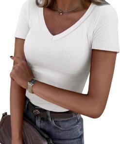 ANRABESS Women Short Sleeve V Neck Ribbed Knit Fitted Shirts Basic Tees Tops 2025 Summer Casual T-Shirts Going Out Outfits