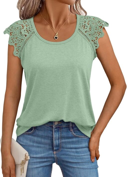 AUTOMET Womens Tops Casual Dressy Lace Summer Tee 2025 Cap Sleeve T Shirts Cute Basic Trendy Fashion Spring Outfits