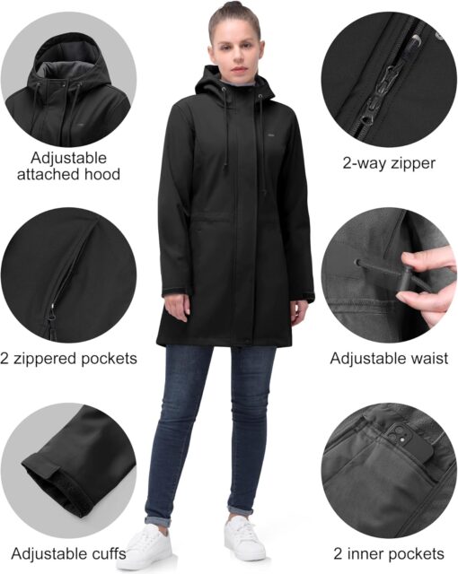 33,000ft Women's Softshell Long Jacket with Hood Fleece Lined Windproof Warm up Waterproof Windbreaker - Image 3