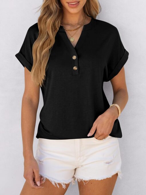 ANRABESS Womens Short Sleeve Henley Tops V Neck Dressy Casual Loose Fit Shirts Summer Flowy Blouses 2025 Trendy Clothes - Image 3