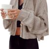 Panadila Women's Cropped Waffle Knit Shacket Short Button Down Jacket Batwing Sleeve Shirts with Pocket